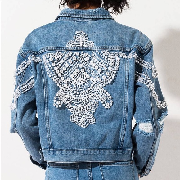 Pearl Embroidered Denim Jacket Nwt 